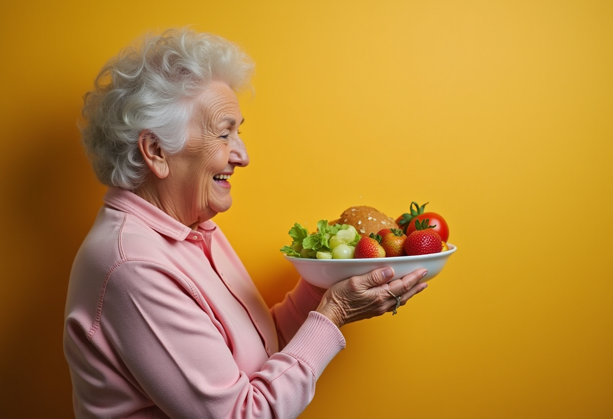Щаслива літня жінка з здоровою їжею